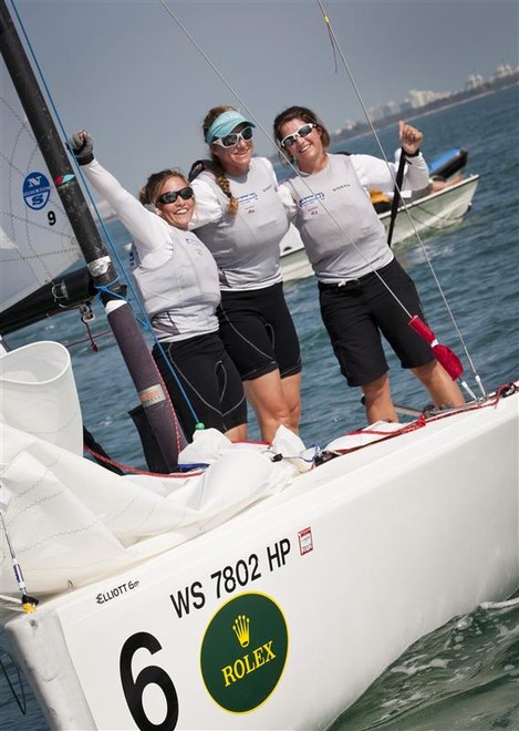Gold medalists Lucy Macgregor & Annie Lus & Kate Macgregor (GBR) in Women’s Match Racing - Miami OCR 2012 ©  Rolex/Daniel Forster http://www.regattanews.com